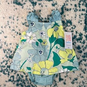 NWT carters blue and green floral one piece bodysuit with faux dress overlay